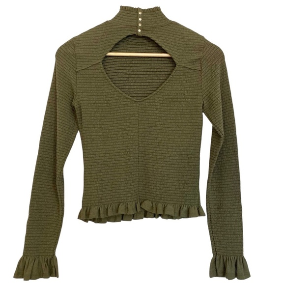 NATION LTD Yael Smocked High Ruffle Neck Top Ozark Green Pima Cotton Cutout Back - Picture 12 of 16